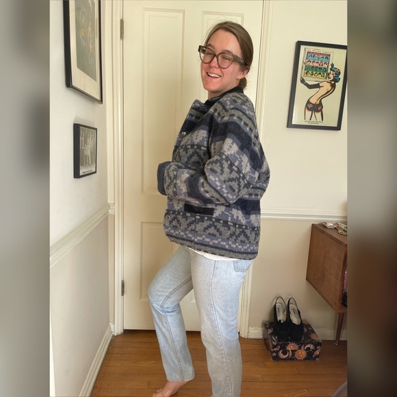 80 Vintage Woolrich Blue Wool Tapestry Blanket Coat - Picture 2 of 12